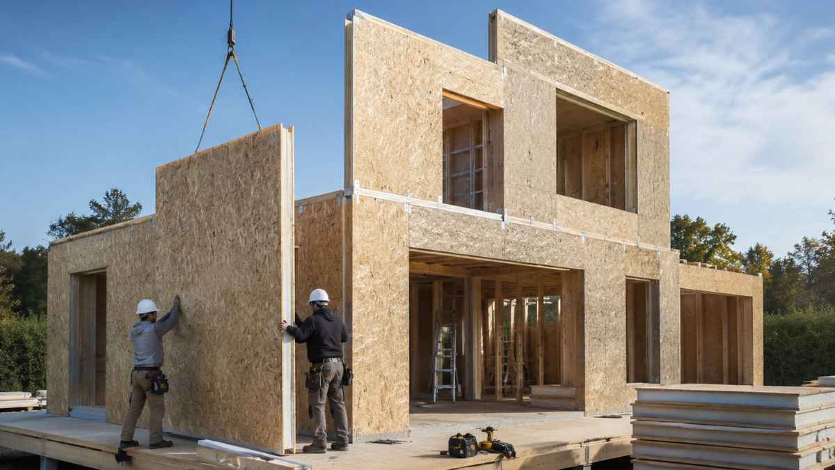 Casa moderna construida con paneles SIP prefabricados durante una obra rápida y eficiente