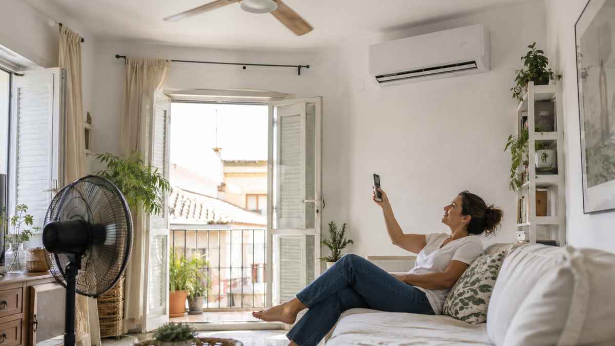 Mujer usando el aire acondicionado junto a un ventilador en casa para reducir el consumo eléctrico en verano