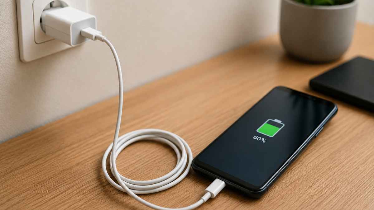 Teléfono móvil conectado a un cargador enchufado a la corriente siguiendo el orden correcto de carga
