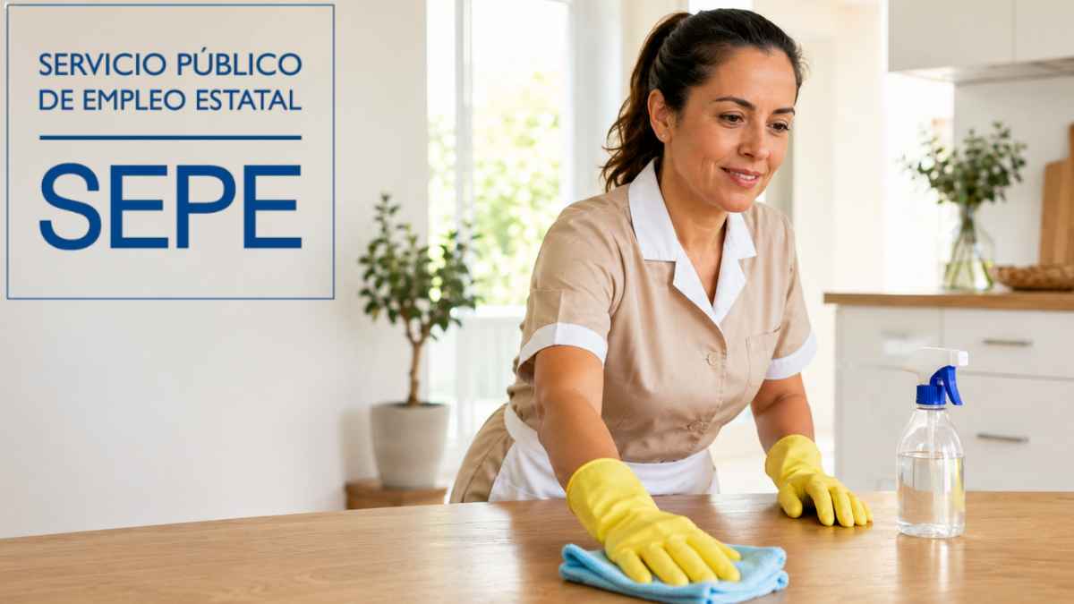 Empleada del hogar limpiando una mesa junto al logo del SEPE