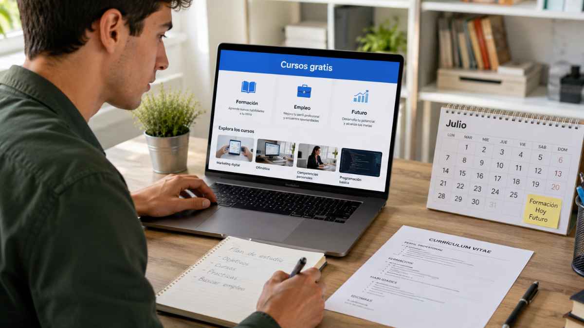 Joven consulta cursos gratis del SEPE en julio para desempleados con formación en IA, inglés y redes sociales