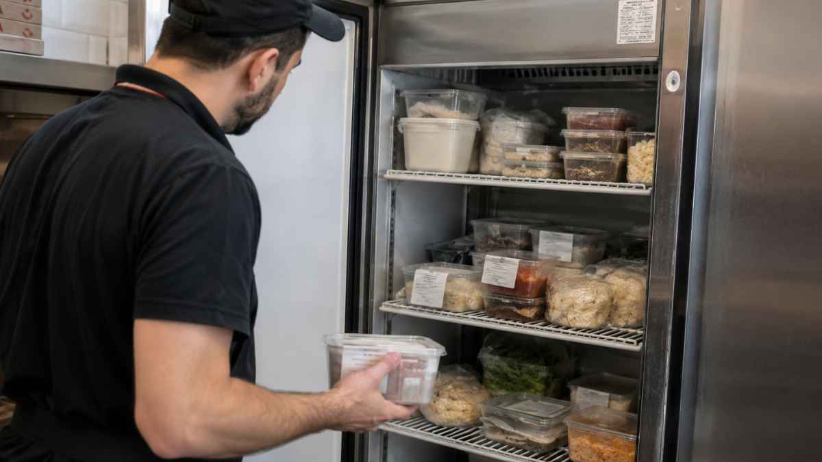 Trabajador de una pizzería revisando alimentos almacenados en un frigorífico industrial durante una inspección interna