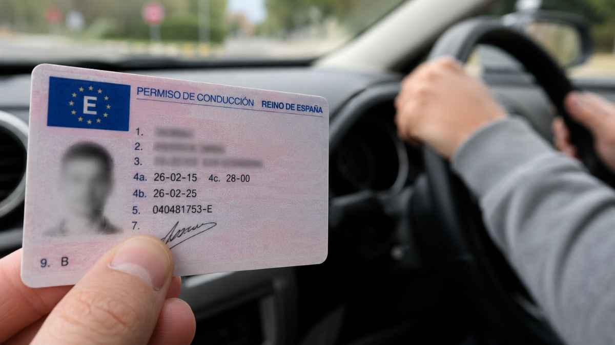 Permiso de conducir de categoría B en primer plano con un conductor al volante en el interior de un coche