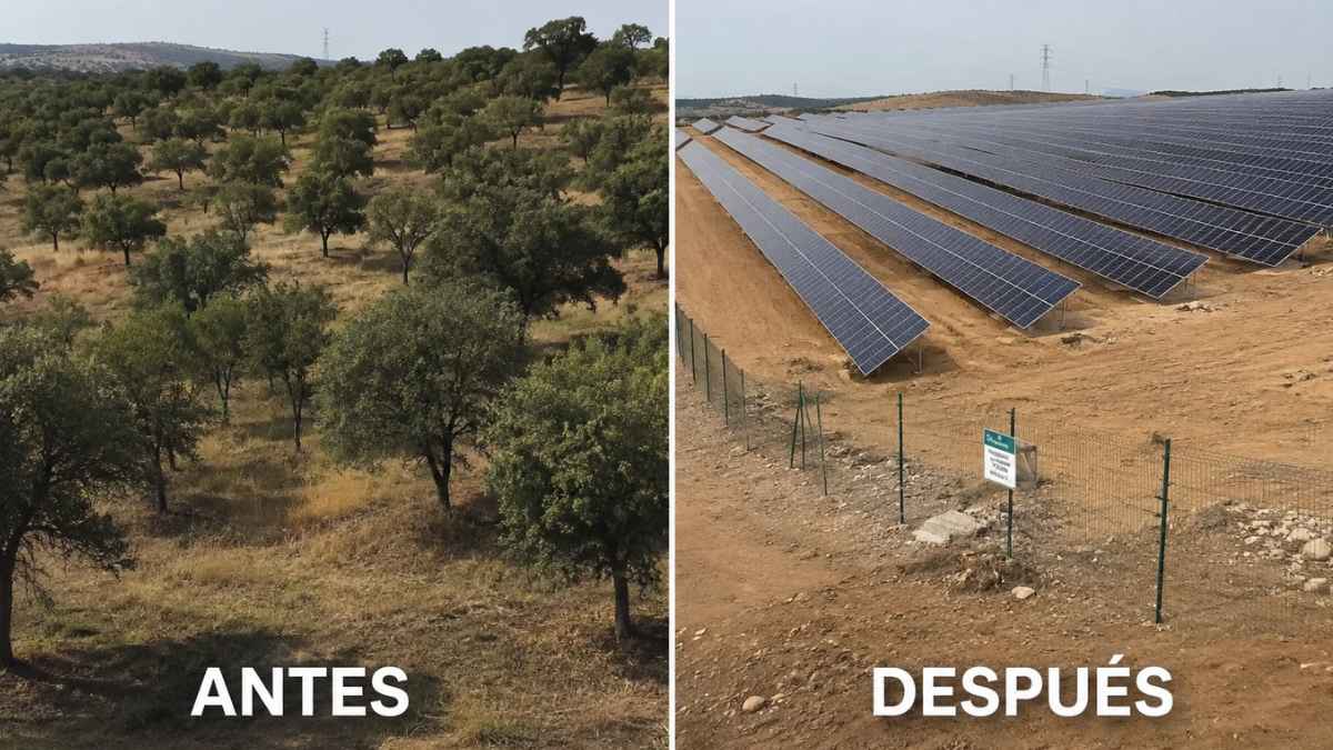 Comparativa de un terreno con encinas antes de la instalación de una planta solar y el mismo espacio ocupado por paneles fotovoltaicos