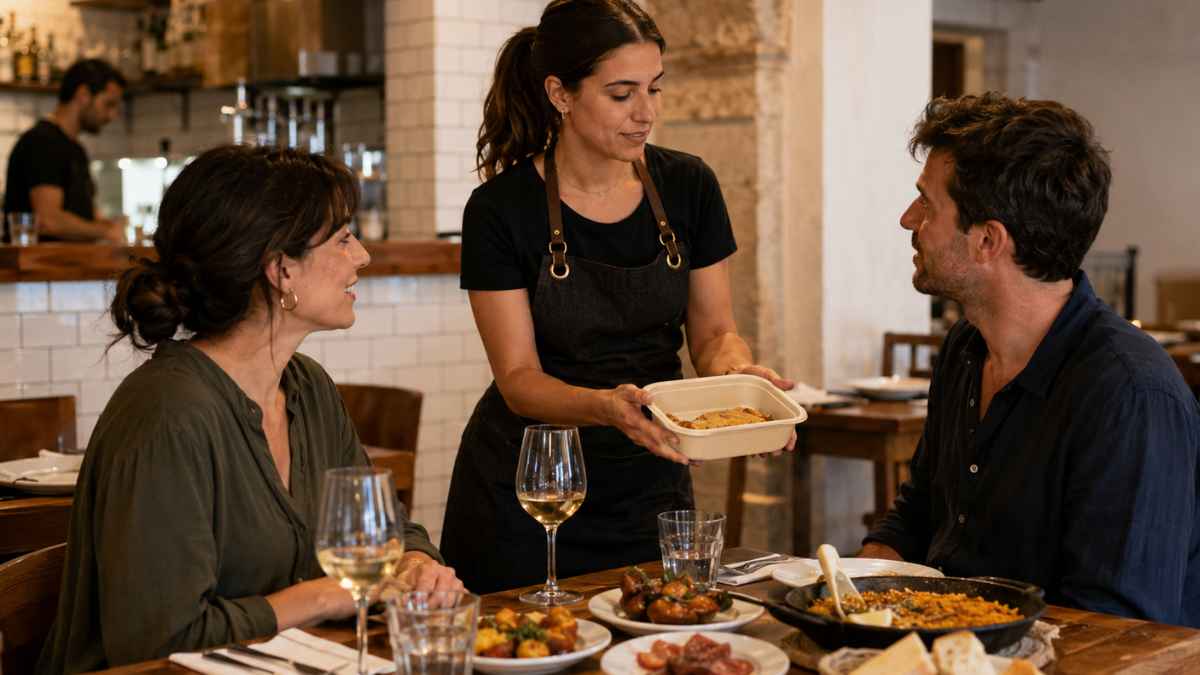 Ley desperdicio alimentario en restaurantes con clientes llevándose las sobras