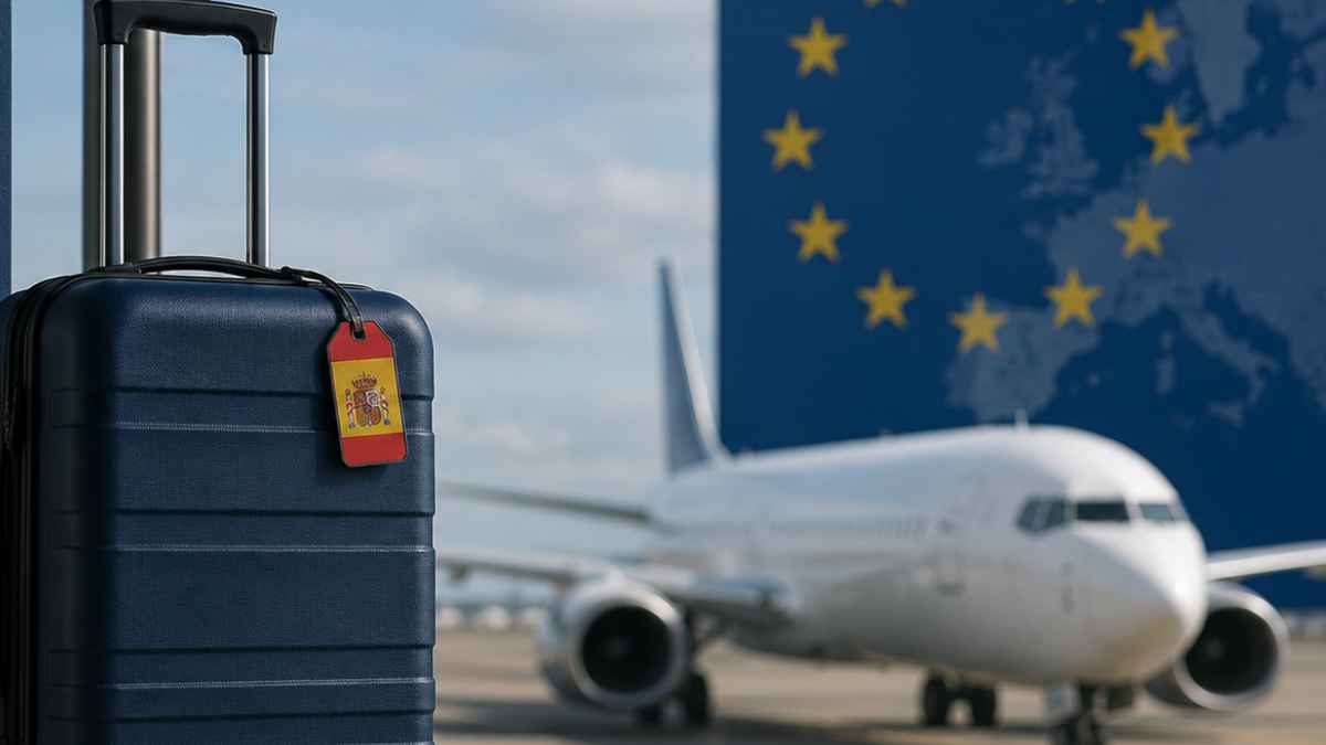 Equipaje de mano gratis pendiente en Europa con maleta de cabina en un aeropuerto