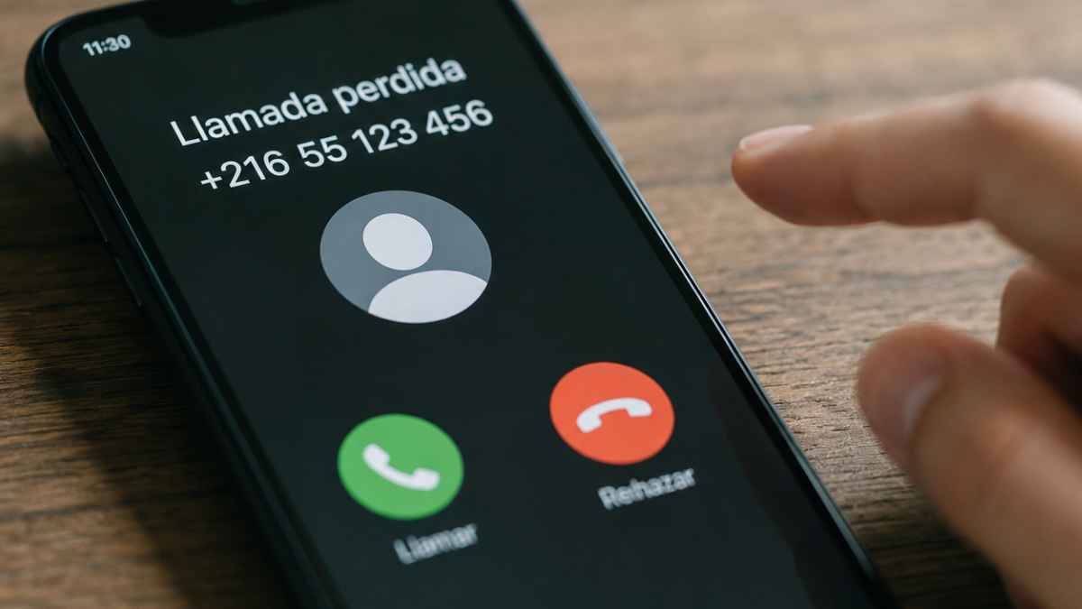 Pantalla de un teléfono móvil con una llamada perdida internacional relacionada con el fraude Wangiri