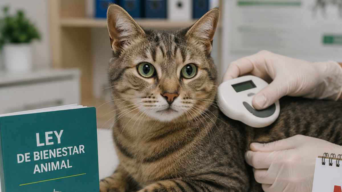 Gato en una clínica veterinaria durante la revisión del microchip obligatorio para evitar multas