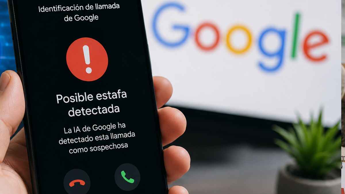 Teléfono móvil con una alerta de Google sobre una posible llamada fraudulenta detectada con IA