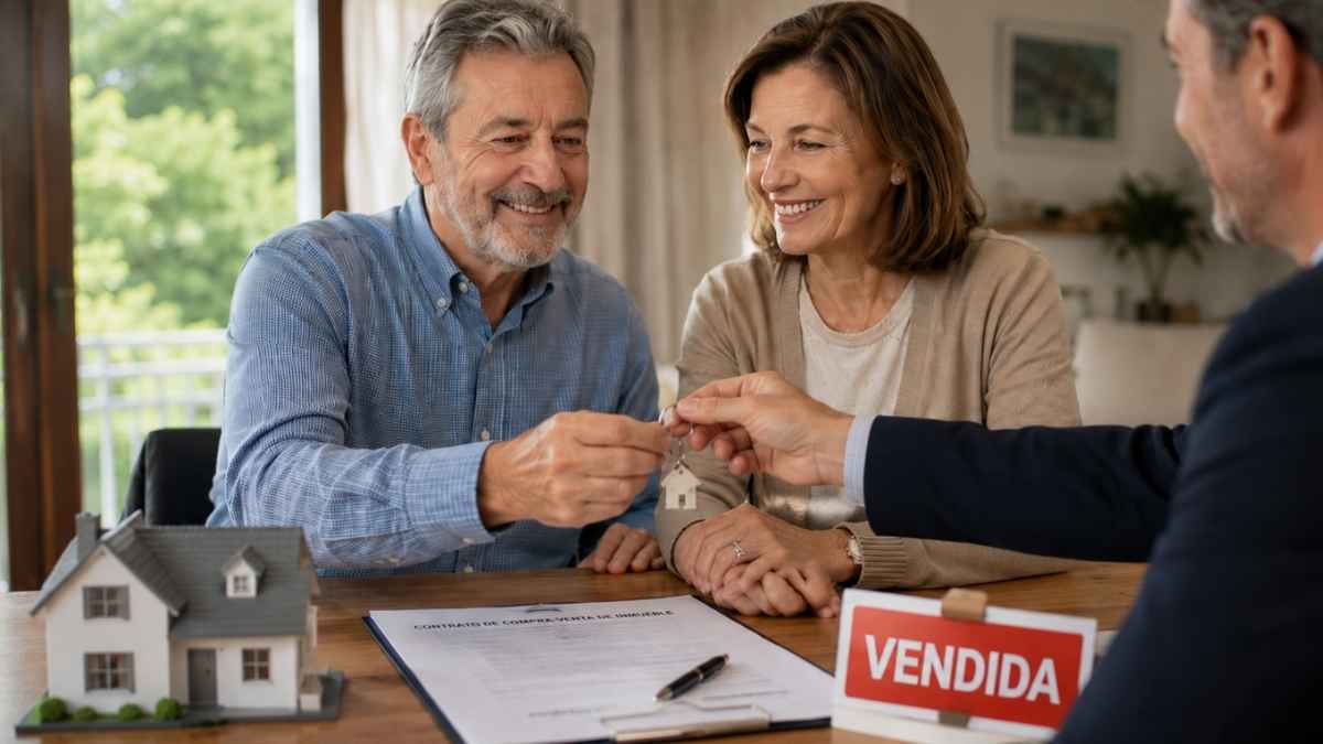 Jubilados vendiendo una casa y entregando las llaves tras firmar la compraventa de una vivienda