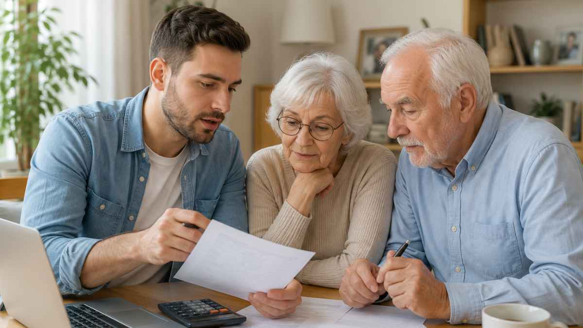 Familia revisando documentos de la declaración de la Renta junto a sus padres mayores para acceder a una deducción fiscal por convivencia