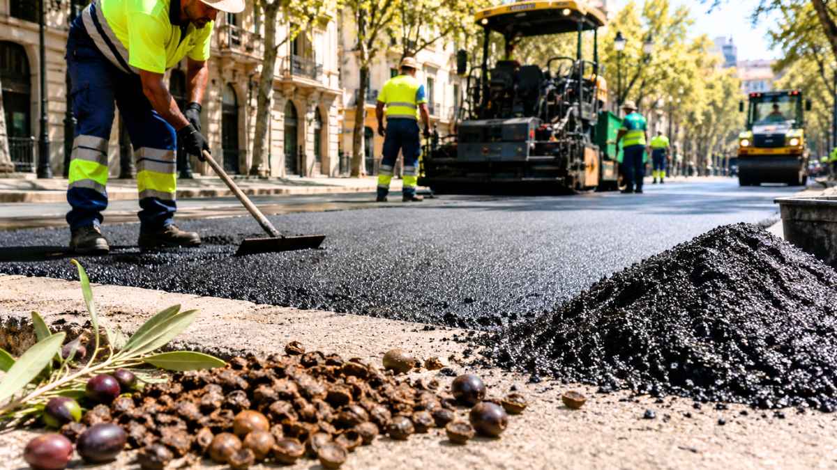 Trabajadores asfaltando una calle con material elaborado a partir de huesos de aceituna