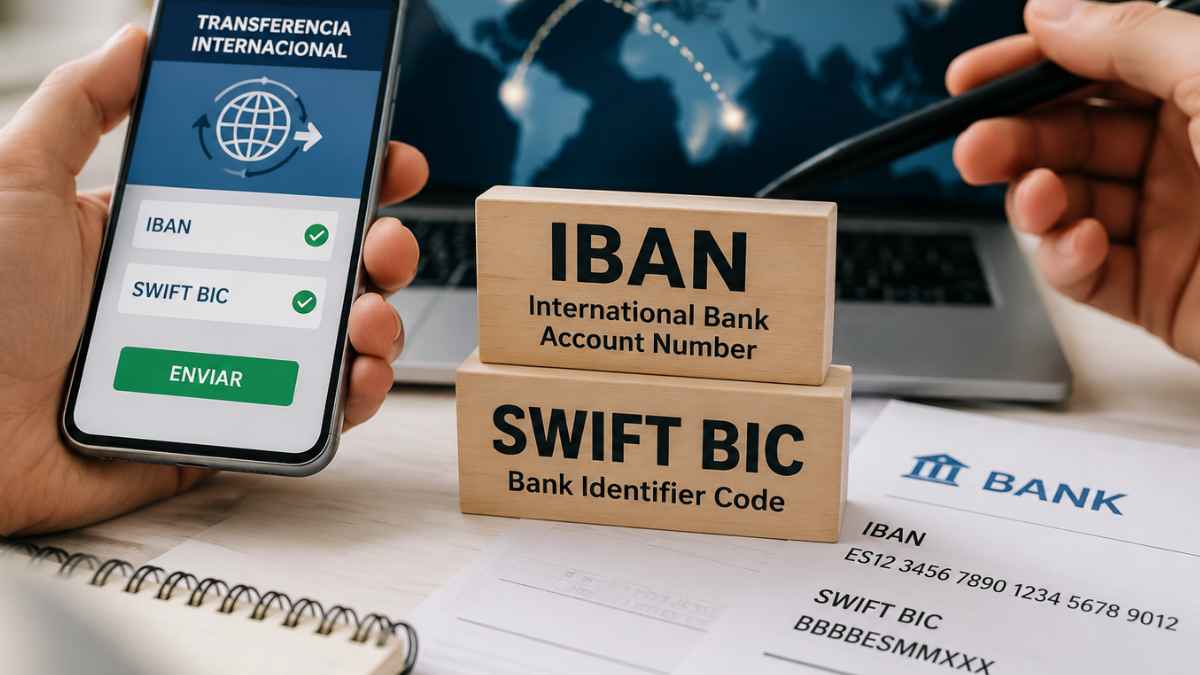 Código IBAN y SWIFT BIC en una aplicación bancaria para realizar transferencias internacionales de forma segura.