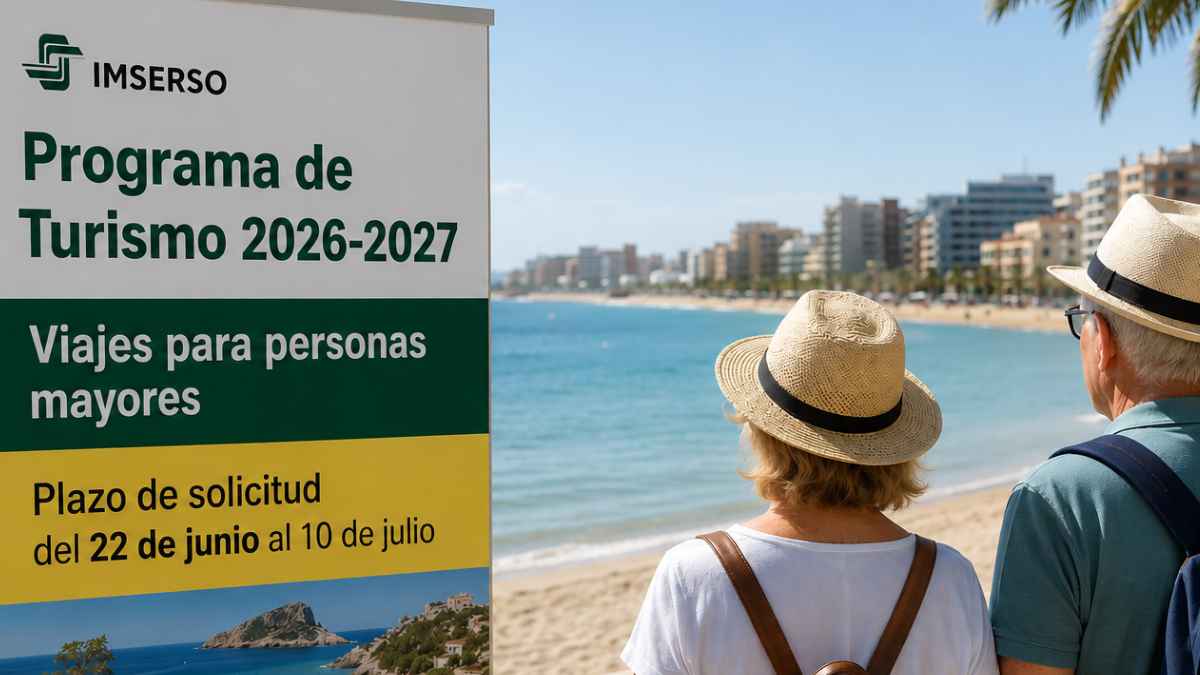 Pareja de personas mayores frente a un cartel informativo sobre los viajes del Imserso 2026-2027 junto a una playa.