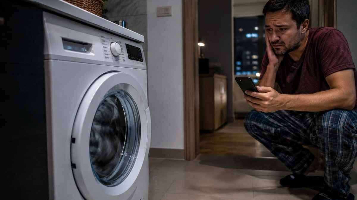 Hombre preocupado mirando una lavadora funcionando de noche por posibles multas por ruido en casa
