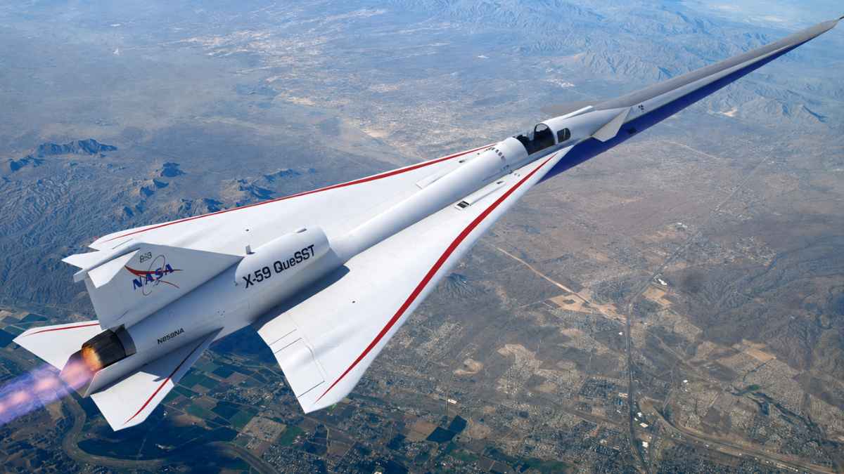 Avión supersónico X-59 de la NASA volando sobre el desierto para probar viajes transatlánticos en 3 horas