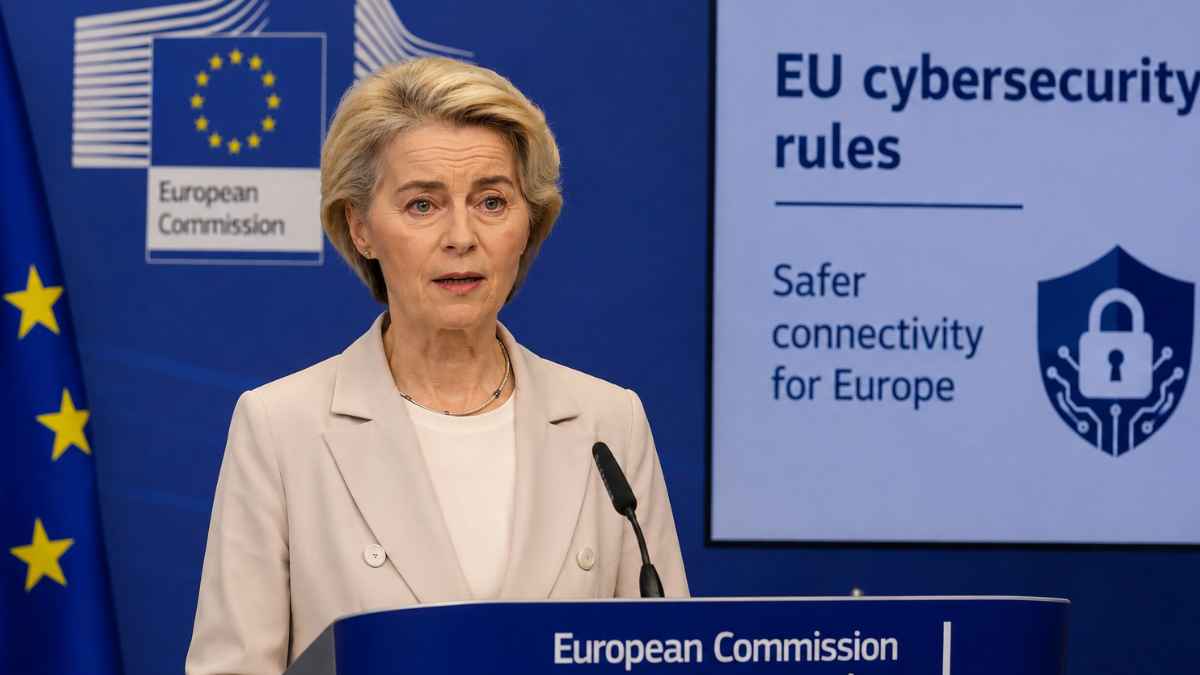 Ursula von der Leyen en una rueda de prensa de la Unión Europea sobre nuevas medidas de ciberseguridad para dispositivos de red.