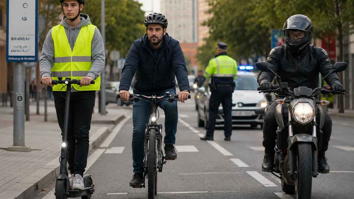 Patinete eléctrico, ciclista y motorista circulando por ciudad ante las nuevas multas de la DGT
