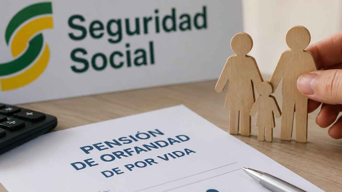 Documento de pensión de orfandad de por vida junto al logotipo de la Seguridad Social y figuras familiares