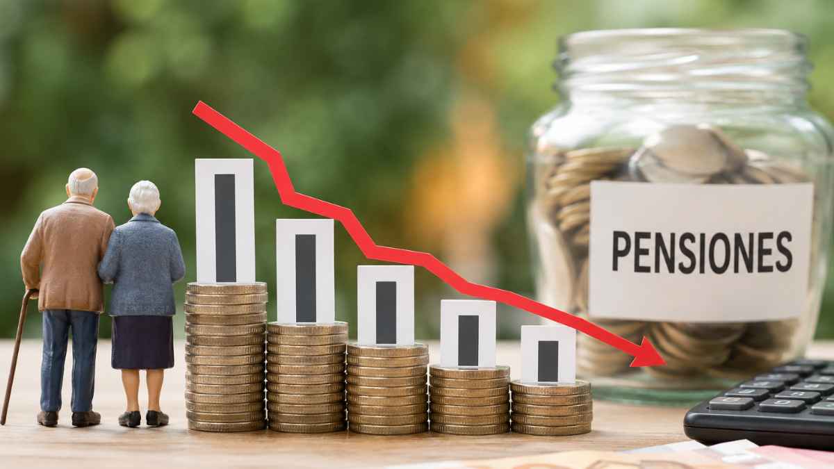 Pensiones en España con gráfico descendente, monedas y jubilados ante el aumento del gasto público hasta 2050