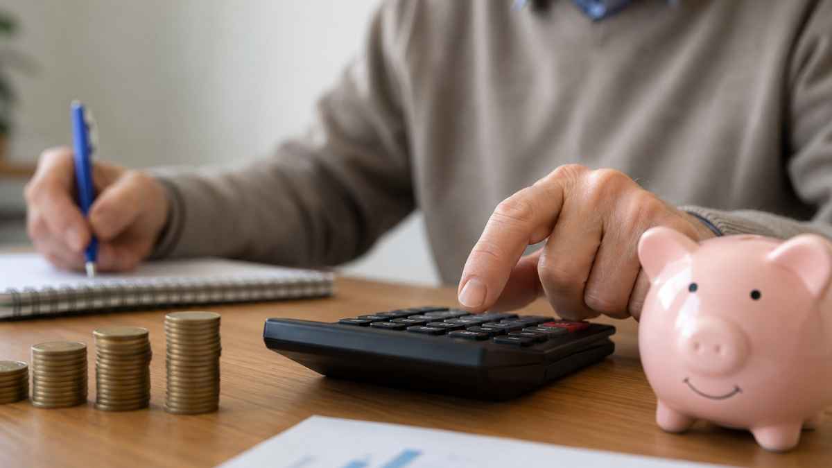 Jubilado calcula su pensión con una calculadora mientras revisa el complemento para padres con hijos reconocido por la Seguridad Social.