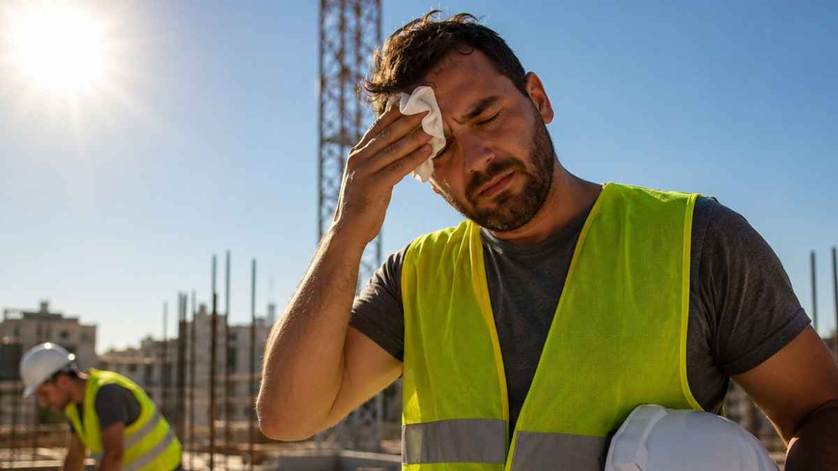 Trabajador de la construcción soportando una ola de calor extremo con derecho a permiso retribuido por riesgo laboral.