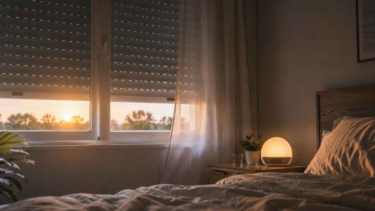 Persiana parcialmente bajada en un dormitorio al amanecer con luz natural entrando por la ventana