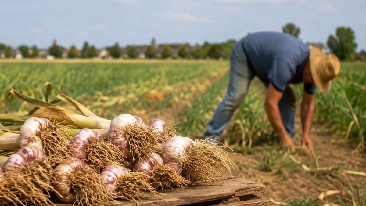 Ajos recién recolectados en un campo agrícola de la Comunidad de Madrid