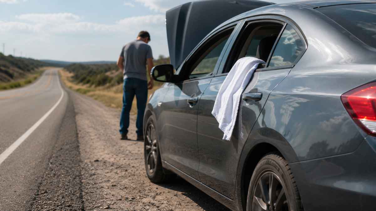 Vehículo averiado en la carretera con un paño blanco colgado en la ventanilla como señal de auxilio