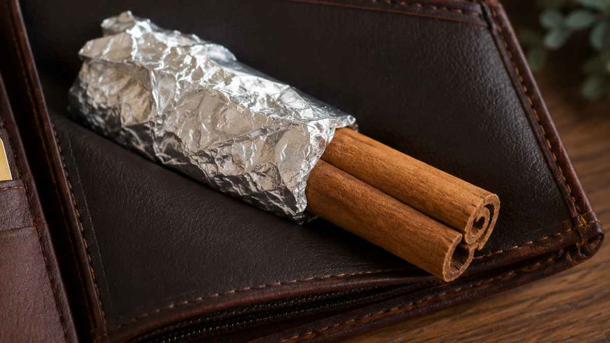 Ramita de canela envuelta en papel aluminio guardada dentro de una cartera junto a billetes y tarjetas