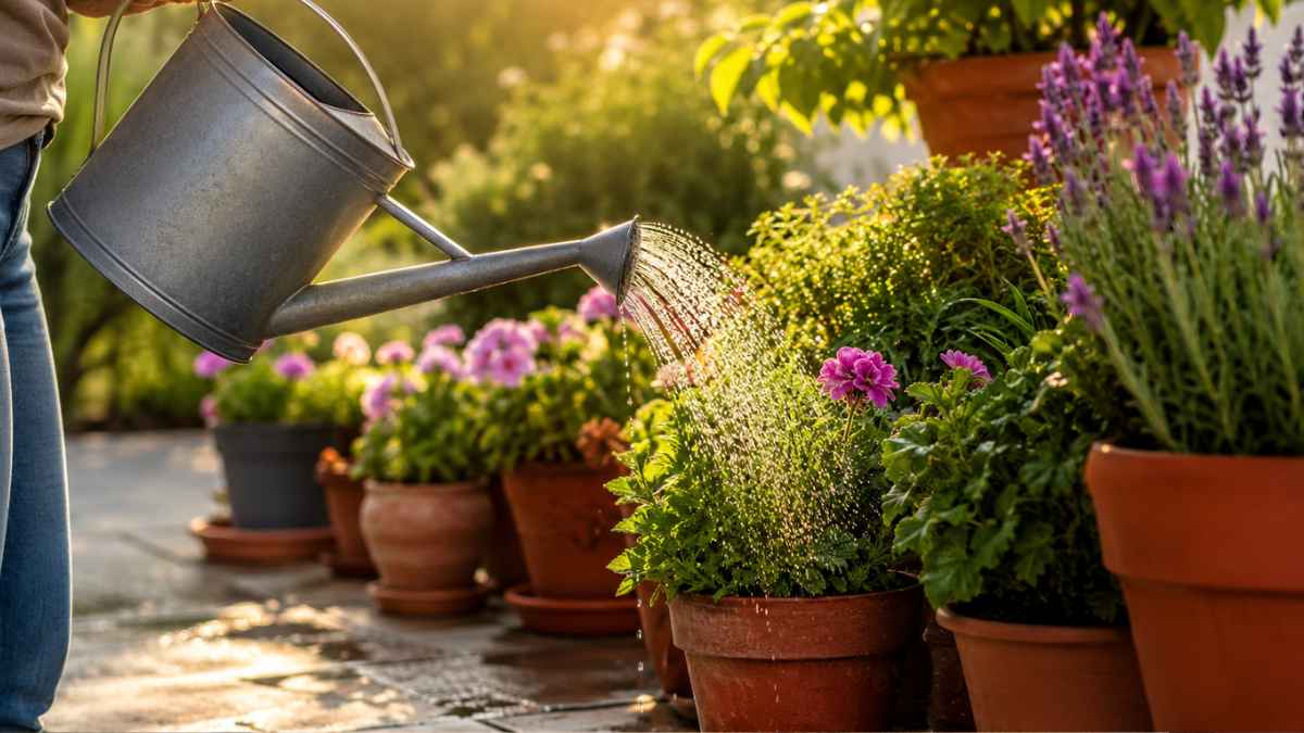 Persona regando plantas en macetas durante el verano para evitar el estrés hídrico