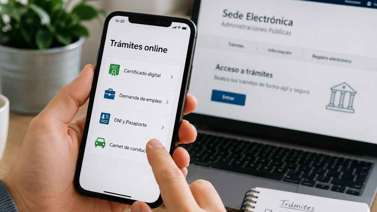 Persona utilizando un móvil para renovar el certificado digital, sellar el paro y gestionar trámites oficiales online