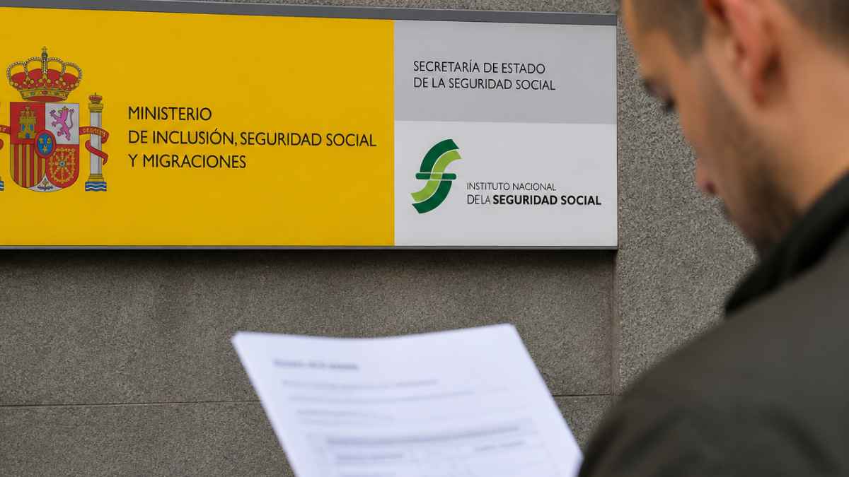 Trabajador de baja médica revisa un documento frente a una oficina de la Seguridad Social