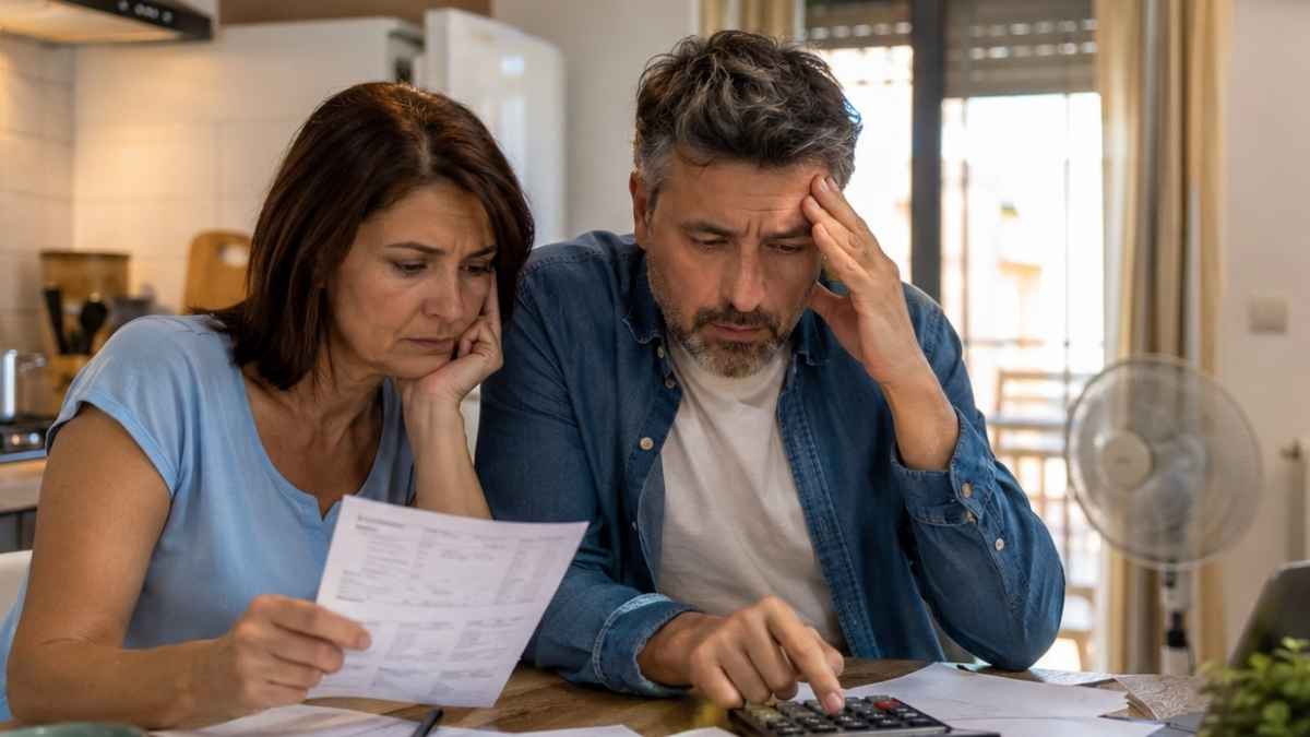 Pareja revisa preocupada la factura de la luz y el gas en casa antes del verano