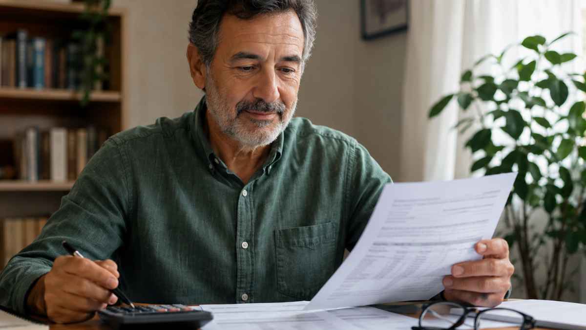 Hombre mayor de 52 años revisando documentos del subsidio y la cotización para la jubilación
