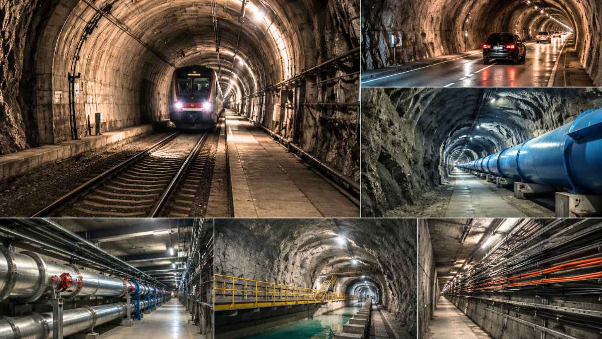 Red de túneles de Suiza bajo los Alpes con vías ferroviarias, carreteras y galerías para agua, electricidad y otros servicios.