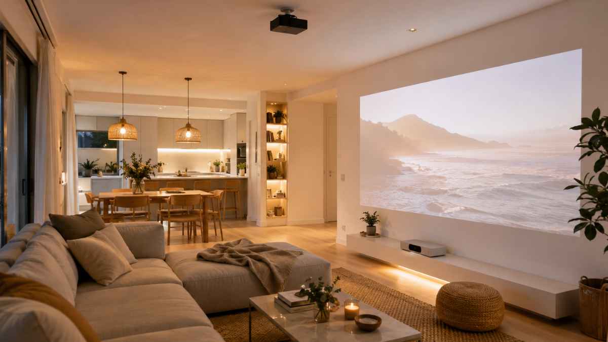 Salón moderno sin televisión con proyector integrado y cocina abierta al comedor