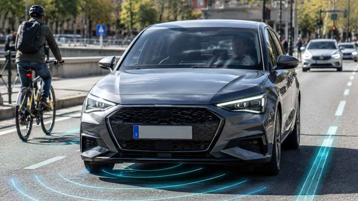 Coche nuevo con sistemas ADAS detectando a un ciclista en una carretera urbana de España