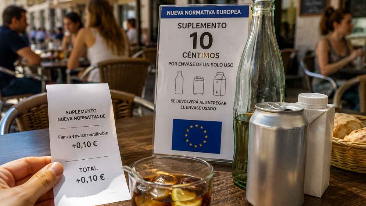 Cliente en una terraza de bar junto a una botella y una lata afectadas por el nuevo suplemento de 10 céntimos impuesto por la Unión Europea
