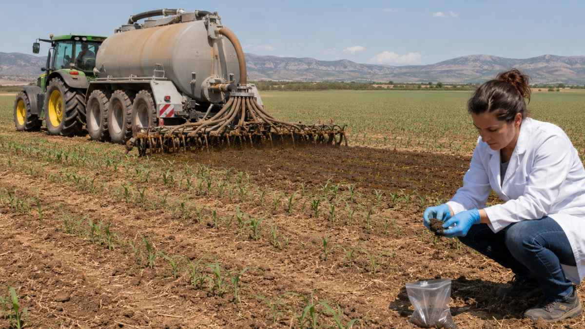 Investigadora analiza muestras de suelo en un campo fertilizado con purines de cerdo