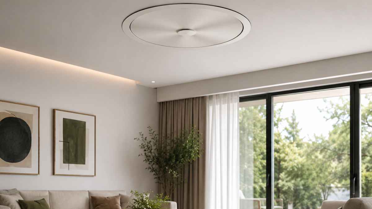 Ventilador a ras de techo integrado en un salón moderno con decoración elegante
