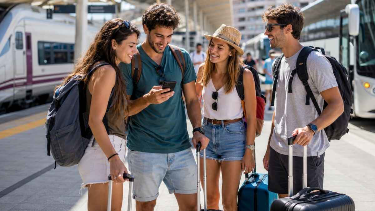 Jóvenes con maletas en una estación de tren y autobús para viajar con el Verano Joven 2026