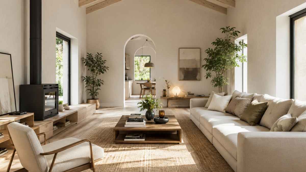 Salón de una vivienda pequeña con distribución abierta, techos altos y abundante luz natural que aporta sensación de amplitud