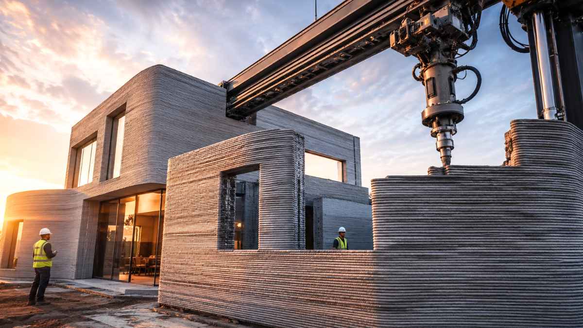 Vivienda de hormigón impresa en 3D con una impresora gigante construyendo paredes capa a capa en 48 horas
