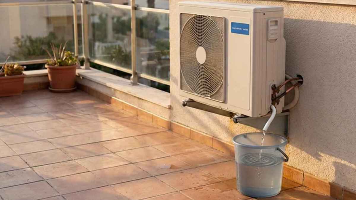 Agua de condensación del aire acondicionado recogida en un cubo para reutilizarla en tareas del hogar