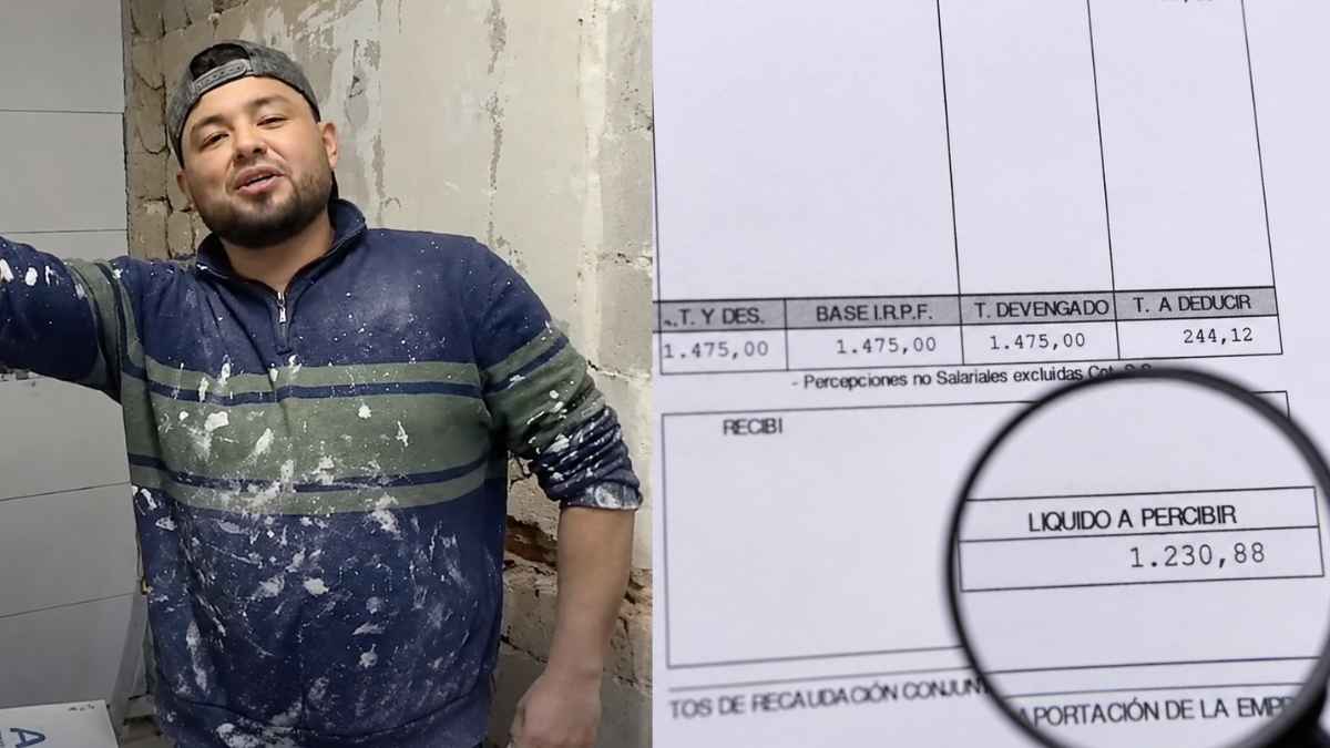 Albañil durante una obra junto a una nómina donde se muestra el salario neto mensual.
