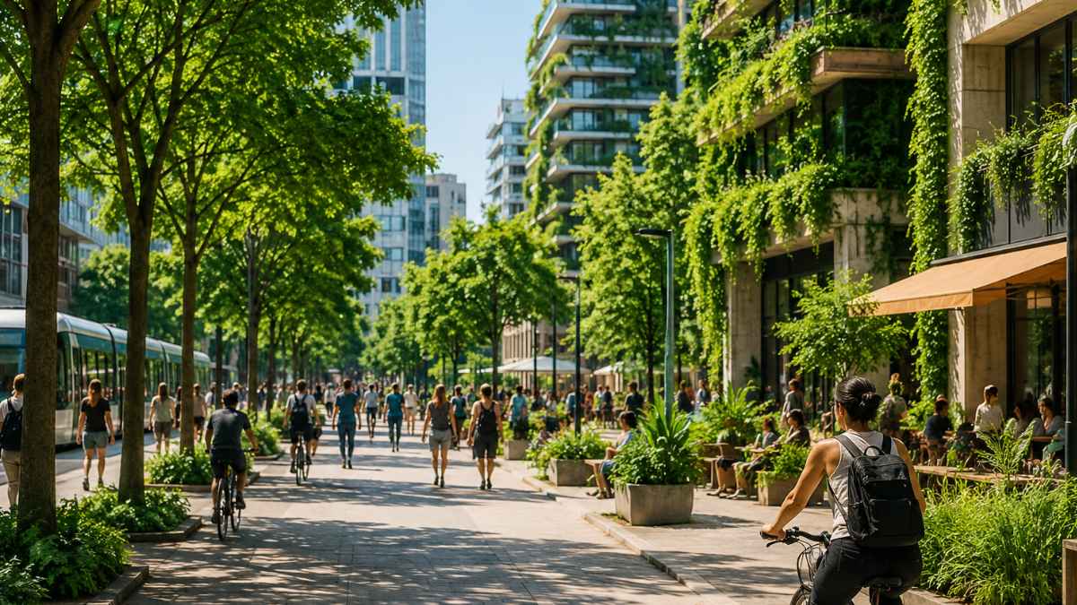 Ciudad con abundante vegetación, árboles y edificios con fachadas verdes como propuesta para reducir el calor urbano