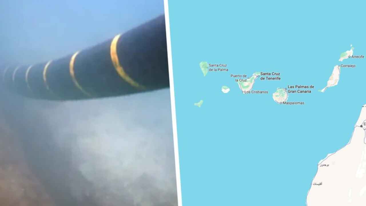 Cable submarino de fibra óptica junto a un mapa de Canarias y la costa de Marruecos.