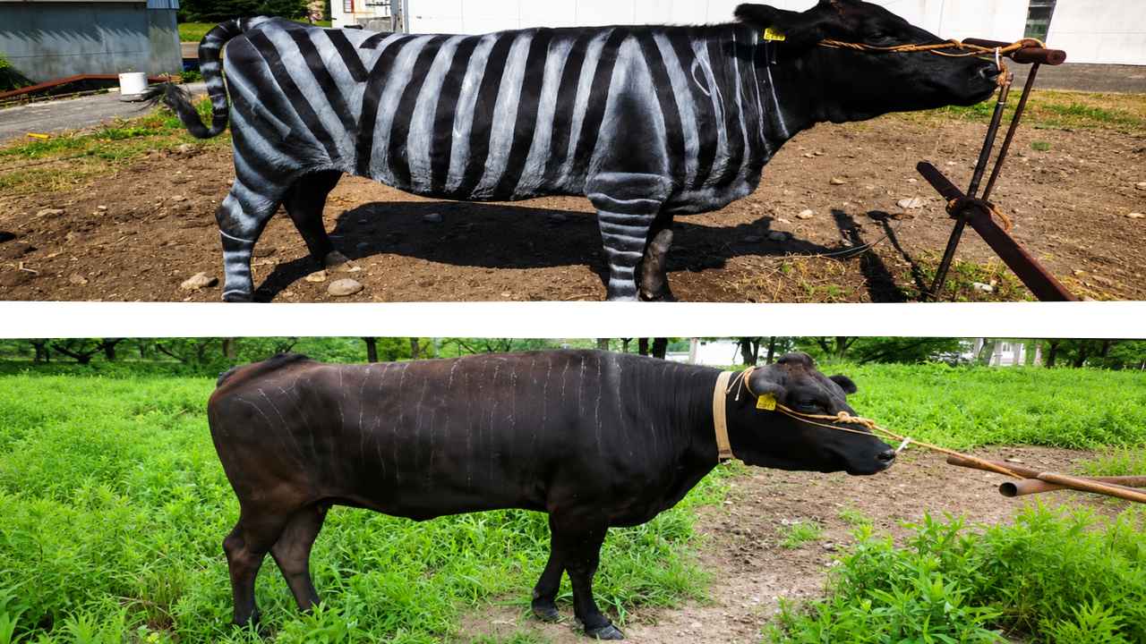 Vaca negra pintada con rayas blancas como una cebra junto a otra vaca sin pintar
