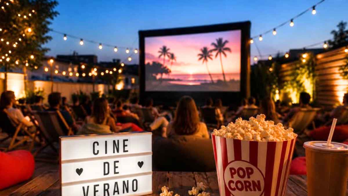 Cine de verano gratis en Murcia con pantalla gigante al aire libre, público sentado y palomitas en primer plano